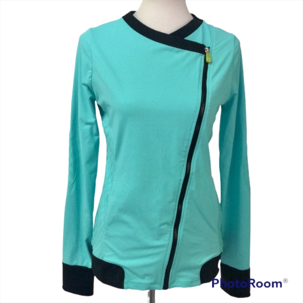 TRINA TURK Recreation Asymmetrical Zip Moto w Thumbholes in Seafoam Blue  Size M